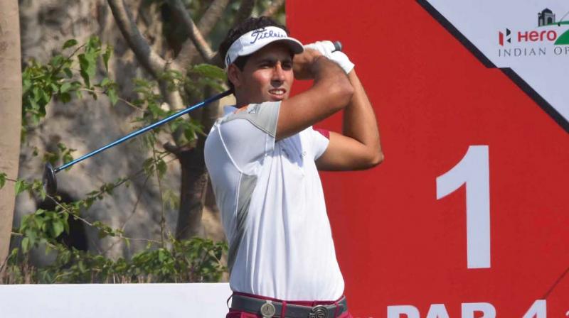 Spains Carlos Pigem in action on Day Three of the Hero Indian Open at the DLF Golf and Country Club in Gurgaon on Saturday.
