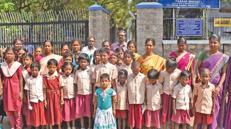 Students of Manicka Vasagam Middle School, Devakottai, during their visit to All India Radio Madurai to perform programmes. (Photo: DC)