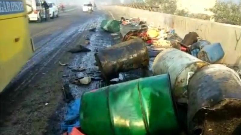 A car, which was headed to Hansi, dashed against the divider of the overbridge and ran over the labourers who were sleeping on a footpath, police said. (Photo: ANI/Twitter)