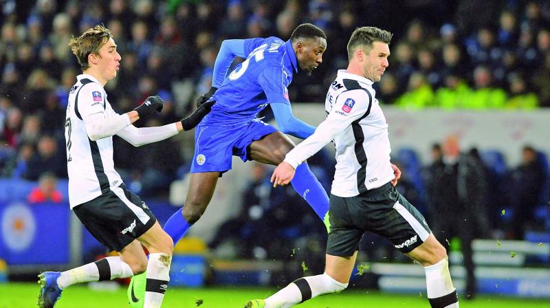 Leicesters Wilfred Ndidi (centre) scores in their FA Cup fourth round replay match against Derby County at the King Power Stadium on Wednesday. Leicester won 3-1. (Photo: AP)