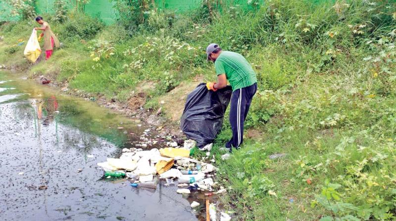 Lake cleaning activities being carried out by volunteers.