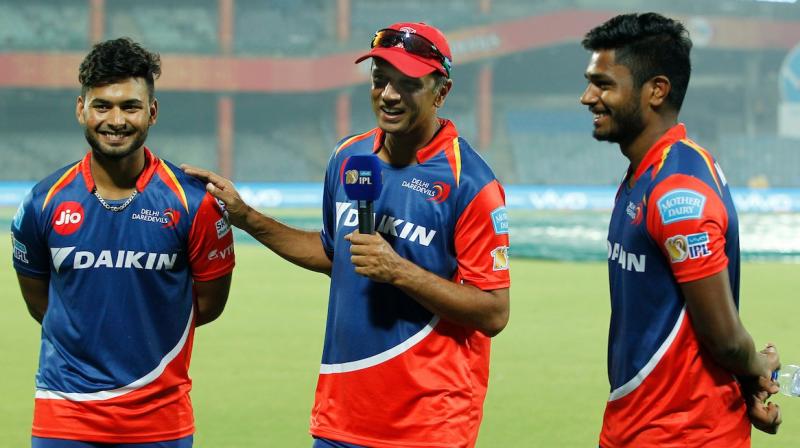 \I am glad that you have not been watching too many videos of me batting when you need 208 in 20 overs. Well done boys, terrific innings,\ Rahul Dravid told Sanju Samson and Rishabh Pant as they powered Delhi Daredevils to seven-wicket win against Gujarat Lions. (Photo: IPL Twitter)