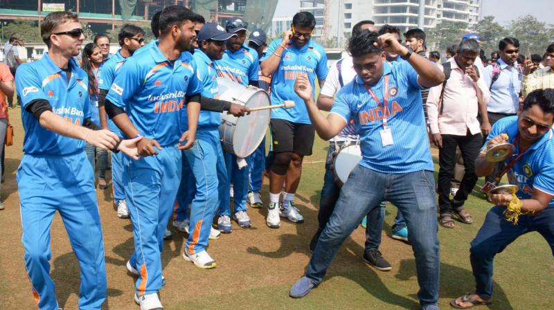 Indian team celebrates after they beat South Africa in the 2nd T20 World Cup Cricket Tournament for the Blind. (Photo: PTI)