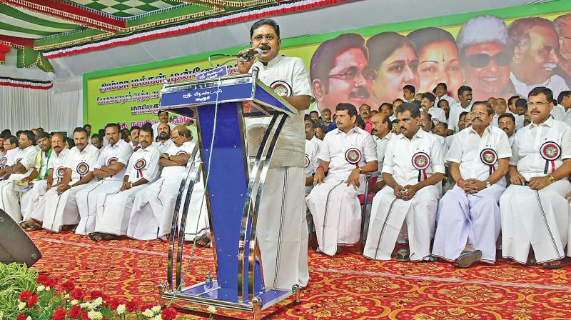 AMMK deputy general secretary T.T.V. Dhinakaran at a public meeting in Coimbatore on Sunday. (Photo:DC)