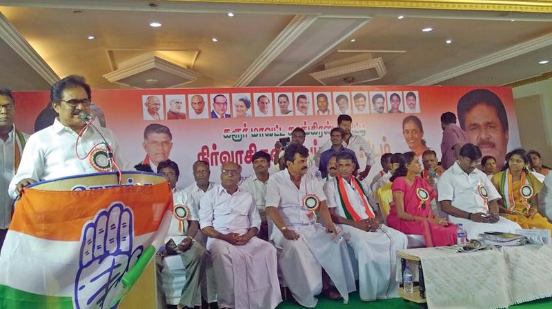 TNCC president S.Thirunavukkarasar addressing the partys workers meeting at Karur on Sunday. To a question, he said the Congress was continuing in the DMK-led alliance in Tamil Nadu and the understanding will continue.(Photo:DC)