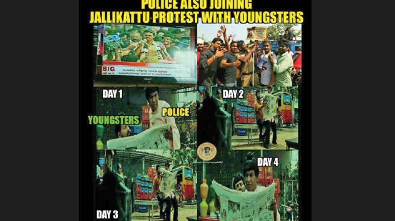 Memes that were circulated during the time of the jallikattu protest, demonetisation issues and Vardha disaster (clockwise)