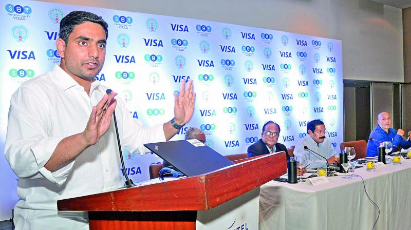 I.T. minister Nara Lokesh addresses the gathering at a meeting with the representatives of Visa Inc. at a hotel in Visakhapatnam on Wednesday. (Photo: DC)