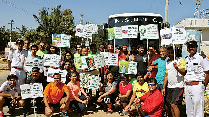 Environment enthusiasts after finishing the KSRTC walkathon in Bengaluru.
