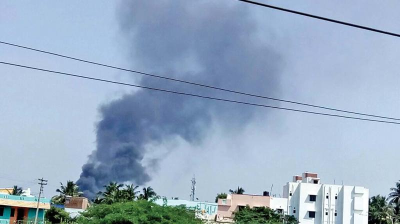 Smoke emanates from the soap oil manufacturing unit in Urapakkam near Tambaram. (Photo: DC)