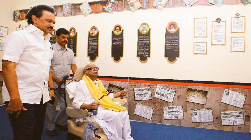 DMK president M. Karunanidhi who has been remaining indoor due to poor health visited Murosoli office in Chennai on Thursday. DMK working president and leader of Opposition M.K. Stalin accompained his father. (Photo: DC)