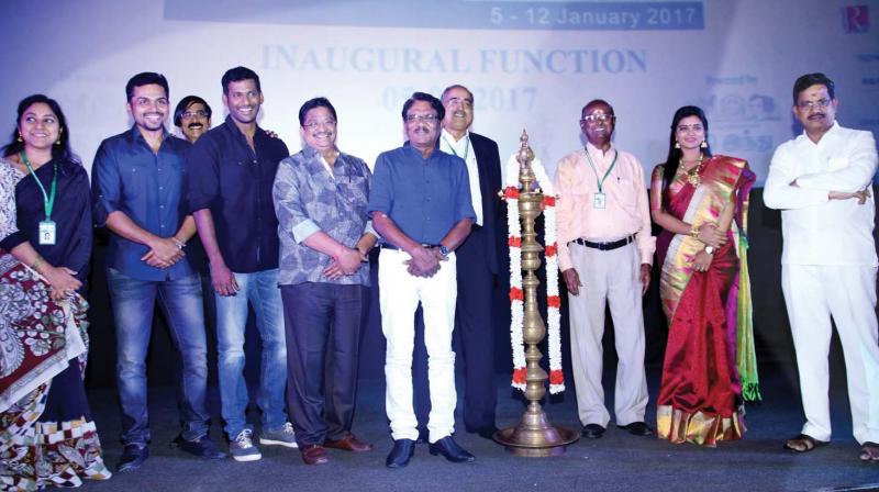 Rohini, Karthi, Vishal, Bharathiraja, Aishwarya Rajesh and Thanu  during the opening ceremony