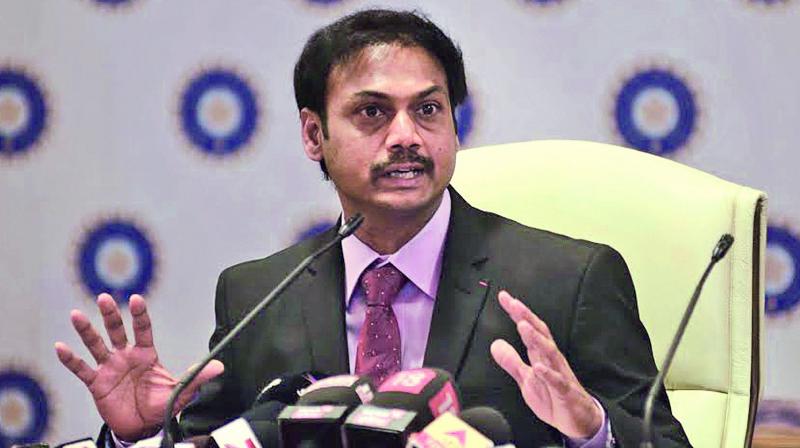 M.S.K. Prasad, chairman of selectors, announces the Indian team for the One-Day International and T20 series against England. (Photo: Shripad Naik)