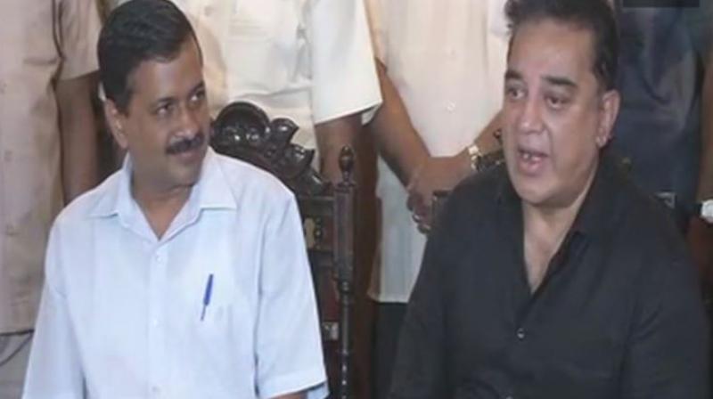 Delhi Chief Minister Arvind Kejriwal and actor Kamal Haasan during a press conference in Chennai, on Thursday. (Photo: ANI | Twitter)