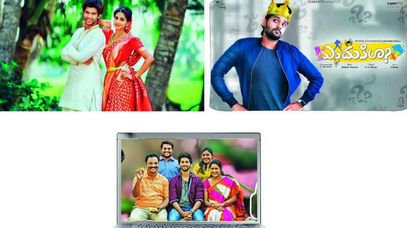 (clockwise) Stills from Pelli Gola, Sumanth Ashwin in Endukila and Viswant with his co-actors in Nenu Mee Kalyan