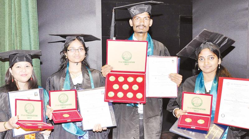 Gold medalists of GKVK at the annual convocation in Bengaluru on Monday. (Photo:DC)