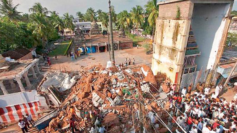 The clock tower which was located at the historic Bhavanarayana Swamy temple was demolished for expansion of the road and the locals have been demanding for its reconstruction.