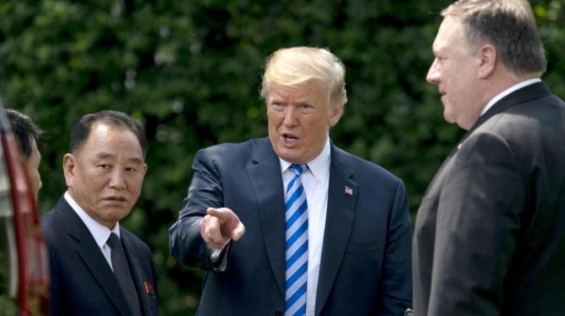 USâ€‰President Donald Trump with Kim Yong Chol (L) former North Korean military intelligence chief and one of leader Kim Jong Uns closest aides, and Secretary of State Mike Pompeo after a meeting in the Oval Office of the White House in Washington on Friday. (Photo: AP)