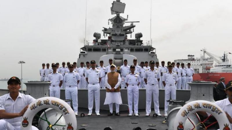 Prime Minister Modi also interacted with the officers and sailors on board the Indian Navys Shivalik class stealth frigate INS Satpura. (Photo: Twitter | @MEAIndia)