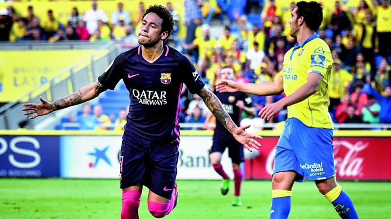 Barcelonas Neymar Junior celebrates his goal against Las Palmas. (Photo: AFP)