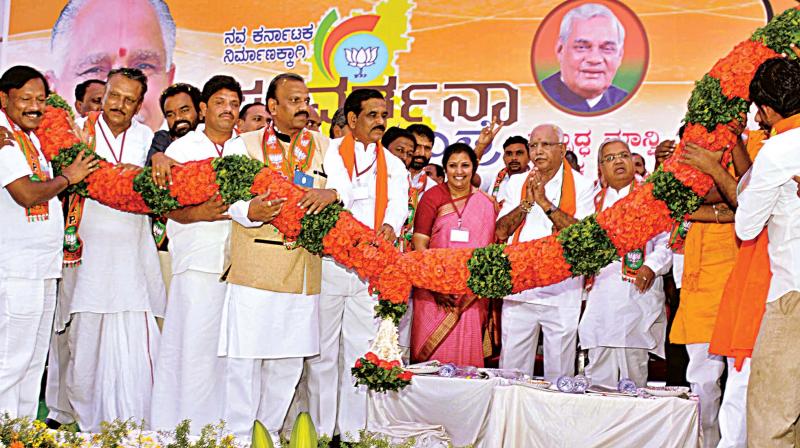 BJP state president B.S. Yeddyurappa leads the partys Parivarthana Yatra in Raichur district on Thursday. (Photo: DC)