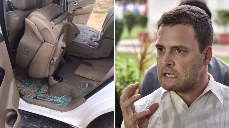 A man threw stones at Rahul Gandhis car, breaking its rear glass when he on his way from Lal Chowk to the helipad in Dhanera, Gujarat. (Photos: ANI Twitter/PTI)