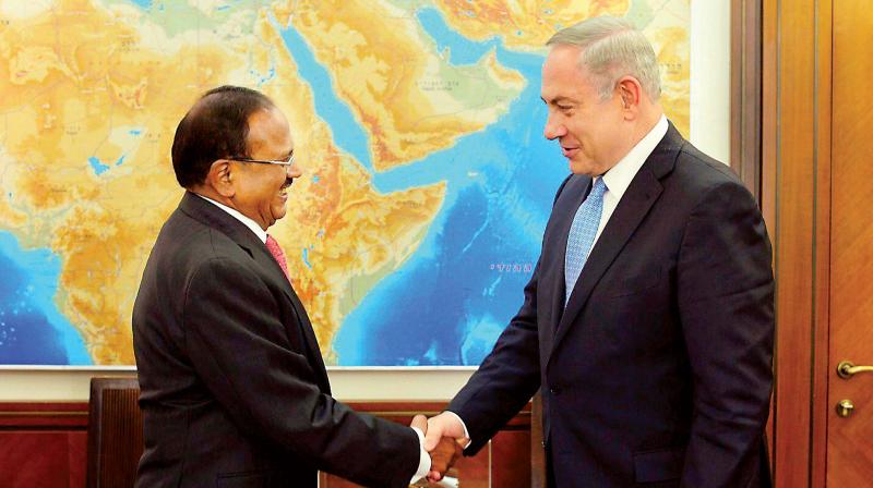 National Security Adviser Ajit Doval with Israeli Prime Minister Benjamin Netanyahu in Jerusalem on Thursday. (Photo: PTI)