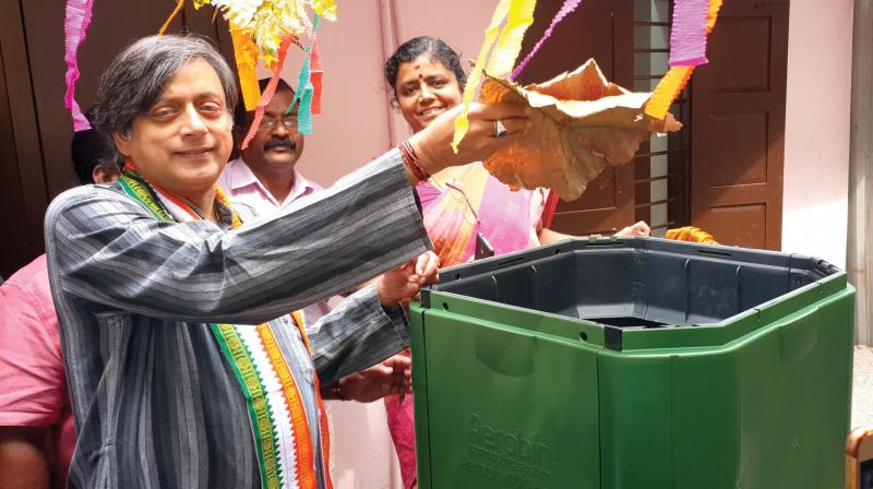 Shashi Tharoor, MP, inaugurates the Australian made aerobin contributed by him to Peroorkkada Girls HSS on Monday.