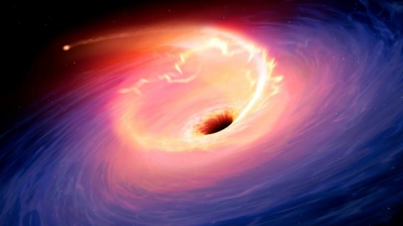 Theoretical astronomy tells us that when a black hole absorbs matter, a brief flash of light is visible as depicted in this artists rendering (Photo: AFP)