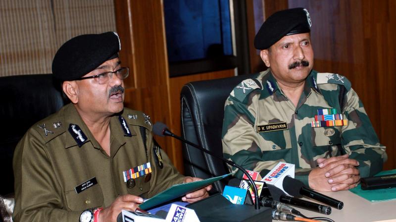Additional DG, BSF, Arun Kumar addressing the media regarding the encounter with militants after infiltration at International border in Ramgarh, at BSF headquarters in Jammu. (Photo: PTI)