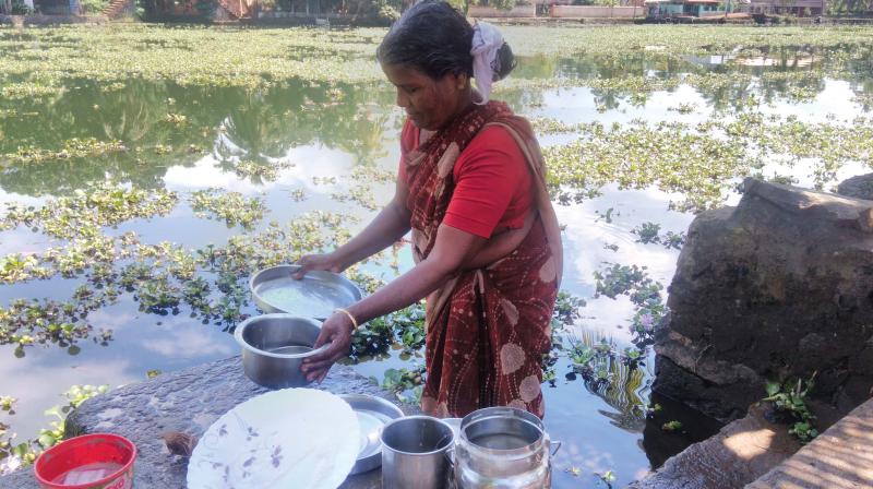 A woman washes domestic utensils with the polluted water of Pamba river. (Photo: DC)