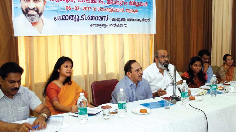 Minister Mathew T. Thomas, additional chief secretary V.J. Kurian, Water Authority MD Shinamol among others at the drought review meeting held in Thrissur on Monday. (Photo: DC)