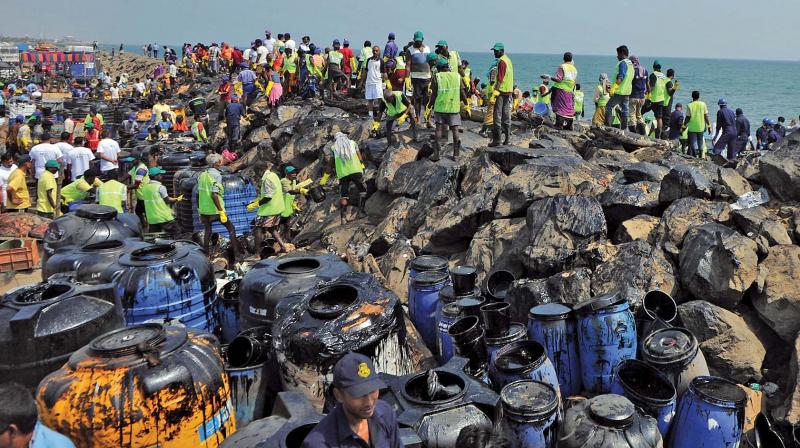 Volunteers and staff from various government departments on Saturday join hands to clear the oil spill. (Photo: DC)