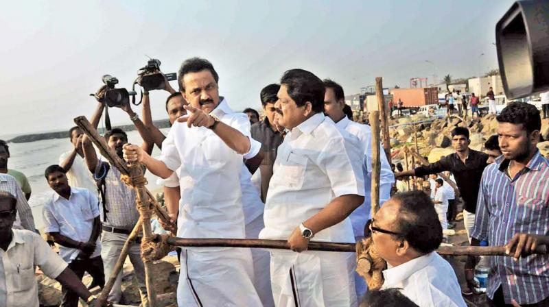 DMK working president M.K. Stalin during his visit to the oil spill site on Saturday (Photo: DC)