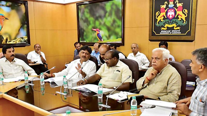Chief Minister H.D. Kumaraswamy, Water Resources Minister D.K. Shivakumar, Revenue Minister R.V. Deshpande and RDPR Minister Krishna Byregowda at a meeting on the Yettinahole project in Bengaluru on Monday 	(Photo:  KPN)