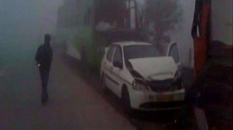 One person was killed and at least 10 injured after nearly 12 vehicles rammed into each other at the Yamuna Expressway near Mathura. (Photo: ANI Twitter)