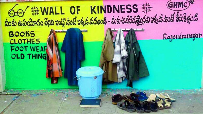 The wall of kindness launched in Rajendranagar, Hyderabad, filled with clothes and other useful things to be donated to the needy and underprivileged.