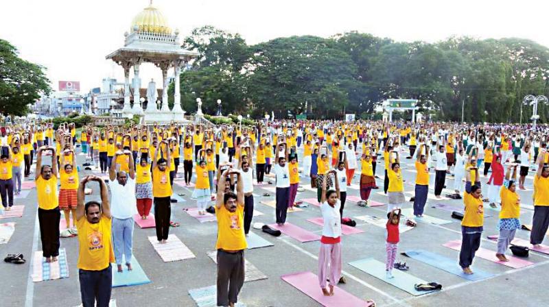 The rehearsal for the mass yoga demonstration to enter the Guinness Book of Records, which was held in Mysuru on Sunday last
