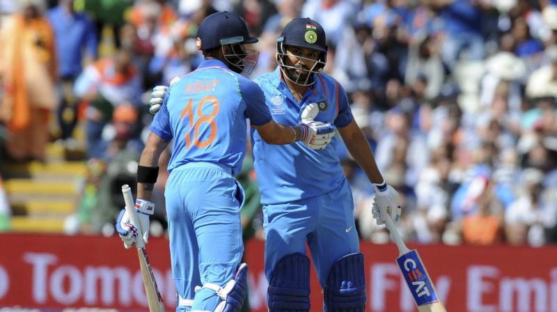 Rohit Sharma (123 not out) and Virat Kohli (96 not out) shared an unbeaten 178-run stand as India completed a nine-wicket win against Bangladesh in the ICC Champions Trophy semifinal. (Photo: AP)