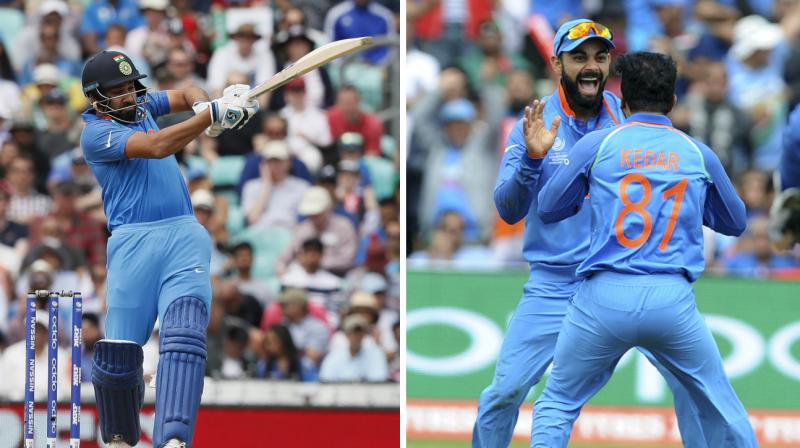 Rohit Sharma (123 not out), Kedar Jadhav (2/22) played pivotal roles as Virat Kohli scored unbeaten 96 to seal Indias thumping nine-wicket win over Bangladesh in the ICC Champions Trophy semifinal. (Photo: AP)