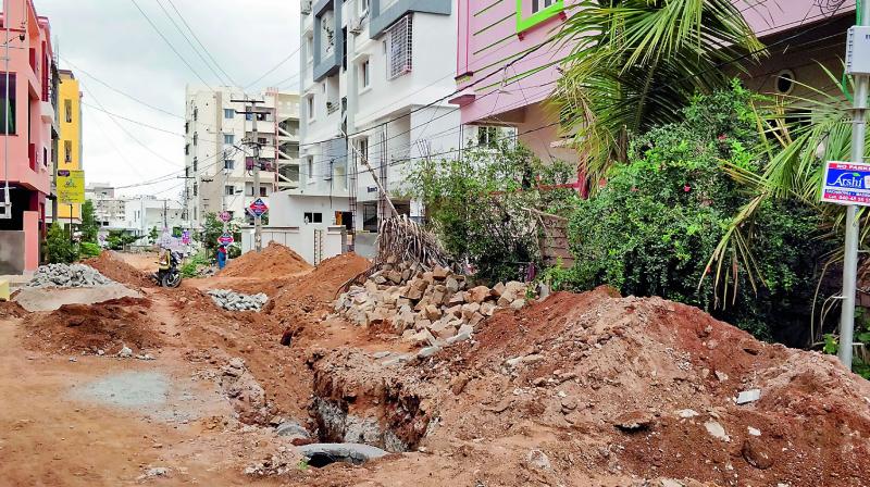 The roads of Sri Ram Nagar that were dug up for laying drainage lines.