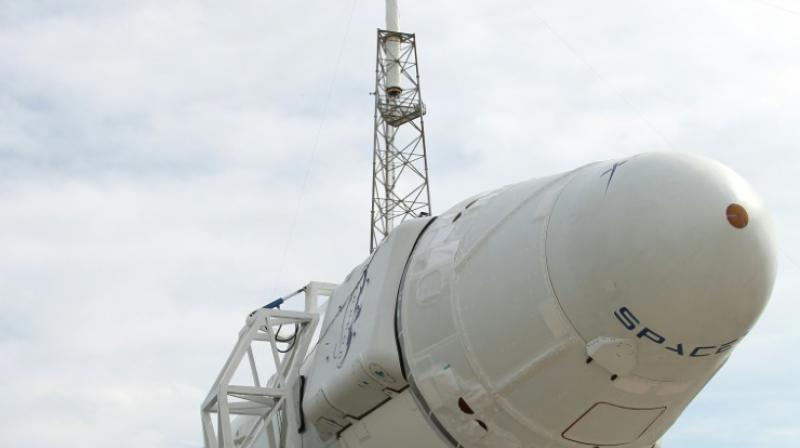 The Dragon cargo capsule, seen attached to a Falcon 9 rocket, both made by SpaceX, at Cape Canaveral in Florida