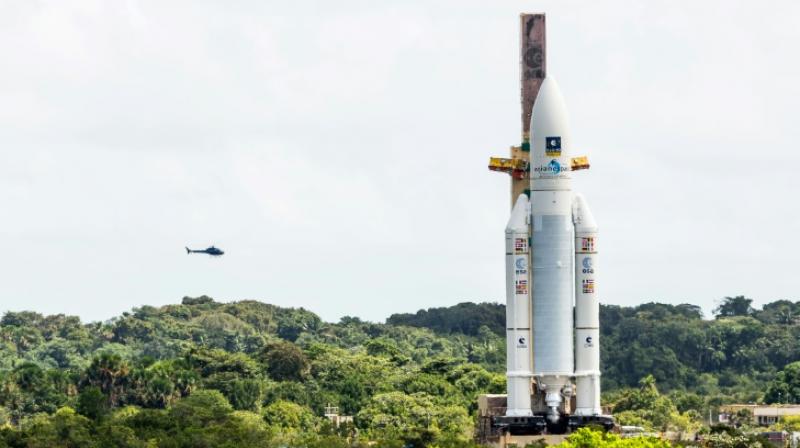 An Ariane 5 rocket sits on the launch pad at the Kourou Space Center in French Guiana