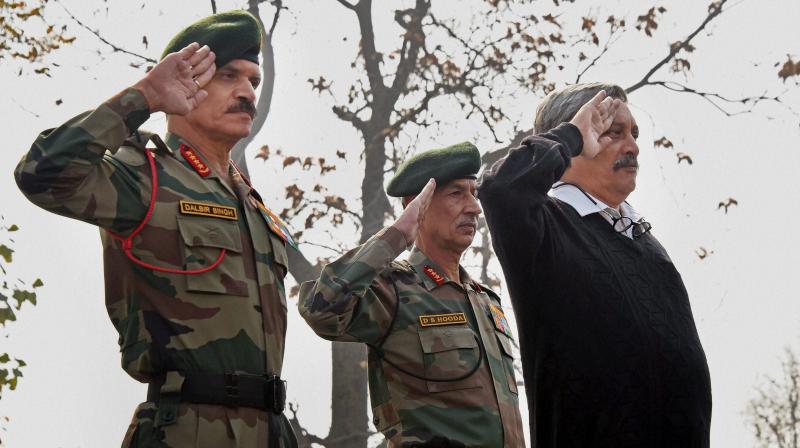 Defence Minister Manohar Parikar with Army chief General Dalbir singh and Nothern army commonder Lt. General D S Hooda. (Photo: PTI)