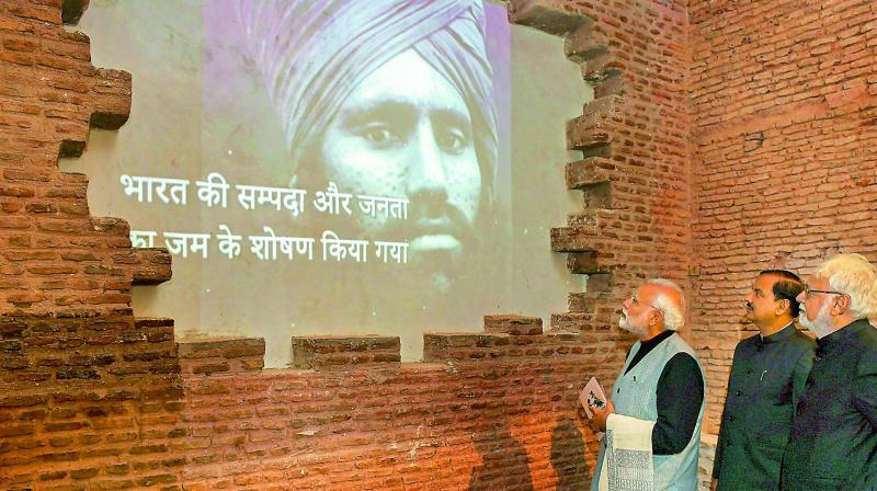 Prime Minister Narendra Modi at the Yaad-e-Jallian Museum at Red Fort, in Delhi, Wednesday.