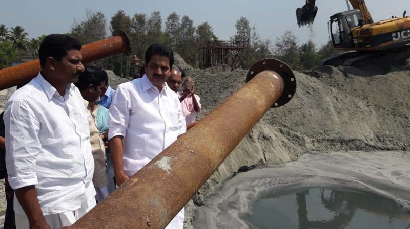 K.C. Venugopal, MP, visits the dredging site at Thoottapally on Tuesday