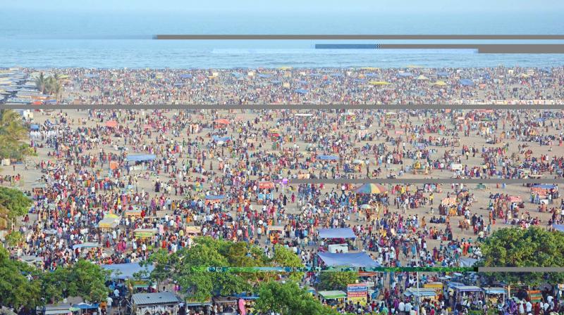 Sea of people throng Marina on Monday to celebrate Kaanum Pongal (Photo: DC)