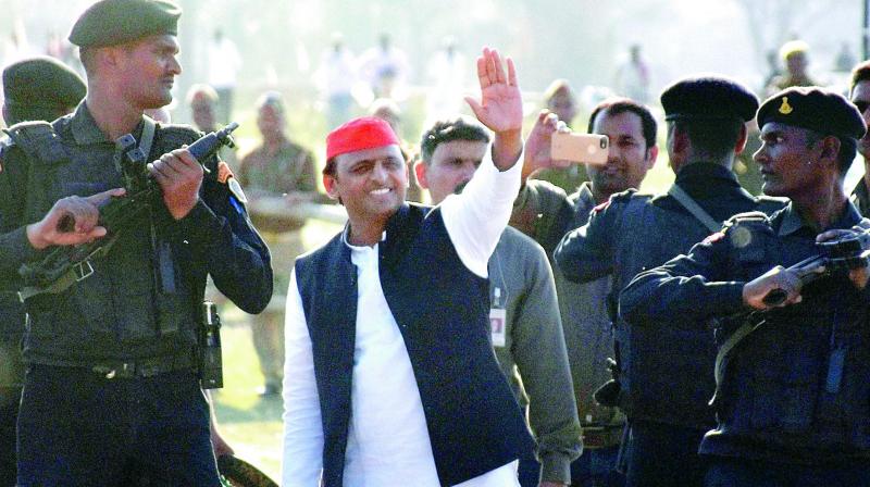 Uttar Pradesh Chief Minister and SP leader Akhilesh Yadav at a rally in Jaunpur on Monday. (Photo: PTI)