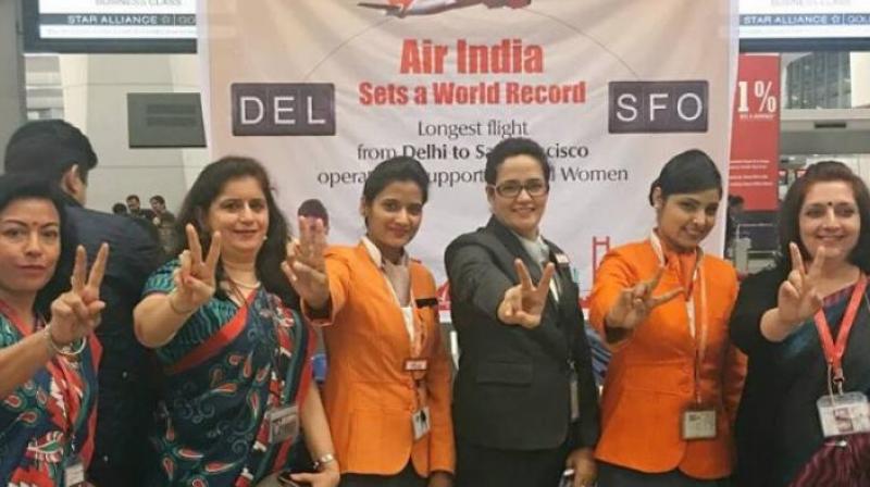 Air India said its Boeing 777  commercial flight manned by two of its lady-pilots flew from New Delhi to San Francisco and back again with an all-women crew last week, the first time such a flight has circumnavigated the globe.  (Photo: Twitter)