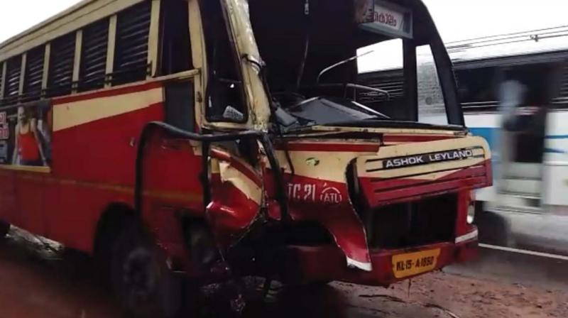 One of the KSRTC buses which collided head-on with another one at Parakkulam near Kottiyam in Kollam on Friday morning.