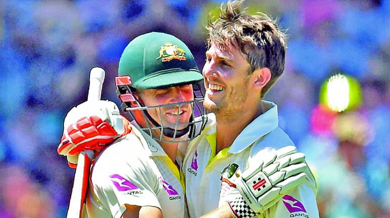 Brothers Shaun (left) and Mitchell Marsh scored tons in the final Ashes Test in Sydney on Sunday.